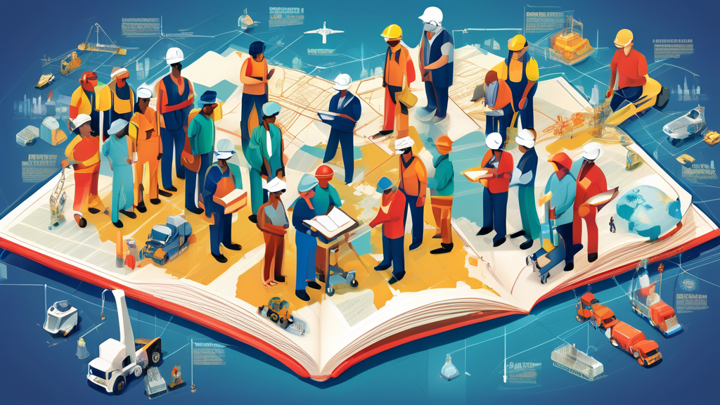 An informative digital illustration depicting a diverse group of foreign workers from various industries, including construction, healthcare, and technology, gathered around a large, open book labeled