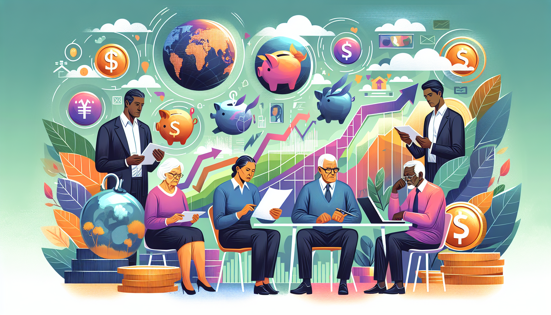 An illustrated guide to pension funds, featuring diverse people of various ages examining documents and discussing retirement plans, with graphics showing pension growth over time and a diversity of c