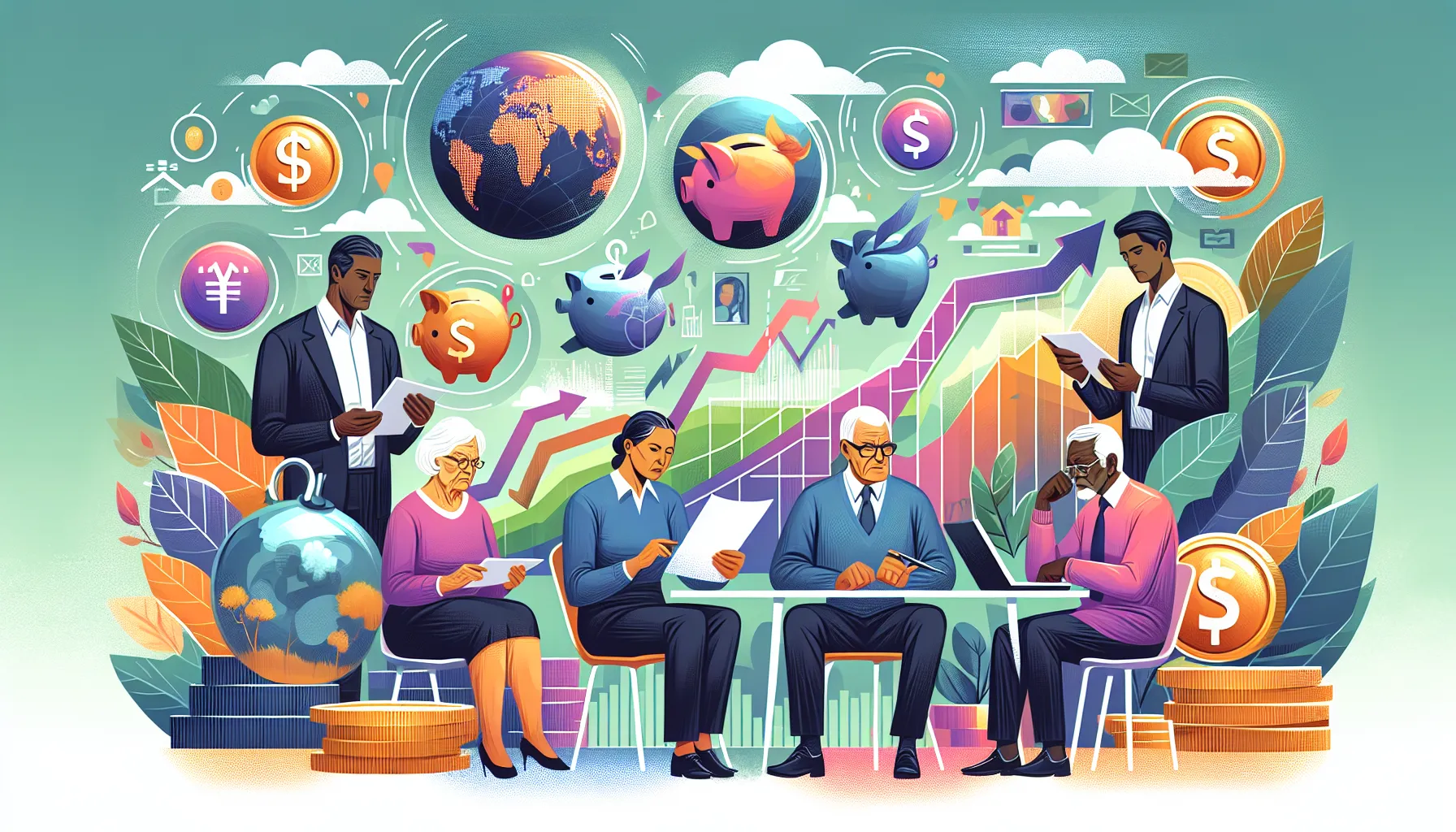 An illustrated guide to pension funds, featuring diverse people of various ages examining documents and discussing retirement plans, with graphics showing pension growth over time and a diversity of c