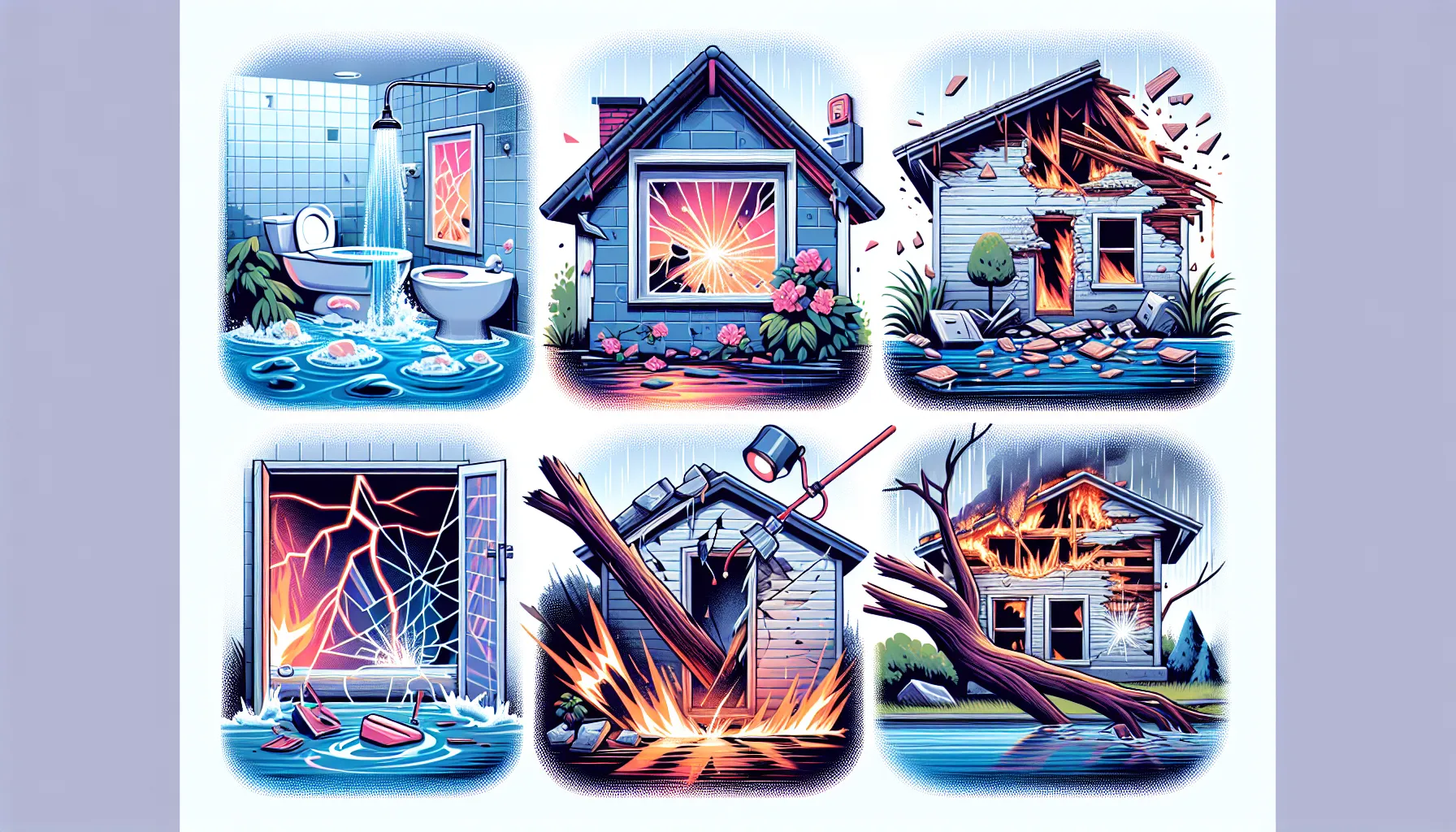 An illustrated guide showing five common home repairs that require insurance, featuring a flooded bathroom, a broken window, a damaged roof, an electrical fire, and a fallen tree on a house, all depic