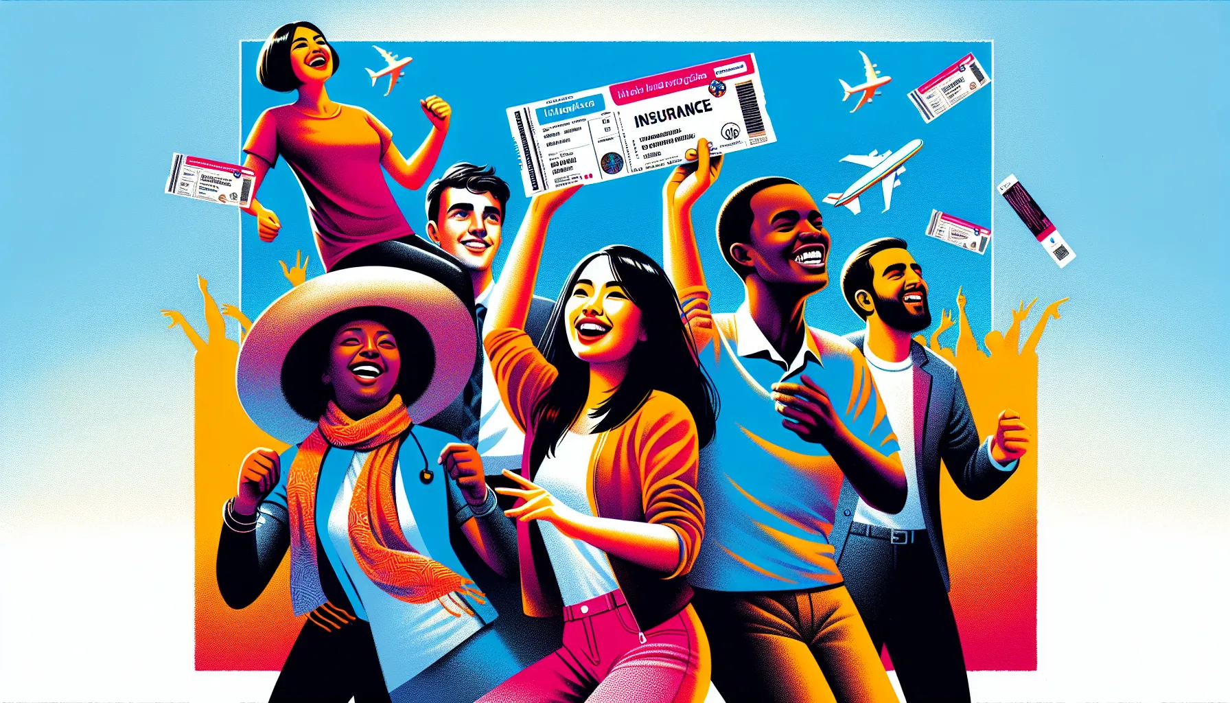Vibrant illustration of a diverse group of people enjoying a music concert abroad, holding tickets with visible insurance logos.