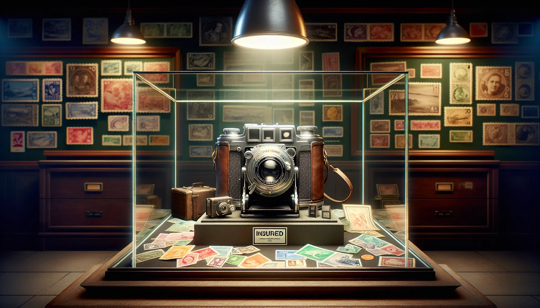 An elegant vintage camera displayed under a spotlight, surrounded by travel stamps and foreign currency, with a protective glass case and a 'Insured' tag attached in a cozy, dimly-lit insurance office