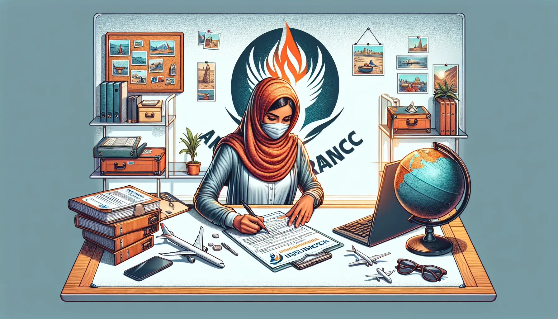 An illustration of a person sitting at a desk, filling out travel insurance claim forms with the Phoenix Insurance Company logo visible on the documents, in a cozy office setting with travel-themed de