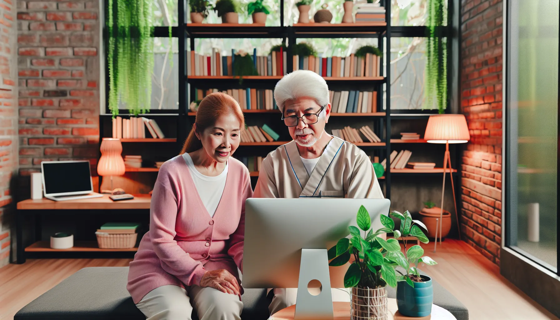 An elderly person and a young caregiver sitting at a computer, researching nursing benefits on the National Insurance website, in a cozy, well-lighted room filled with plants and books.