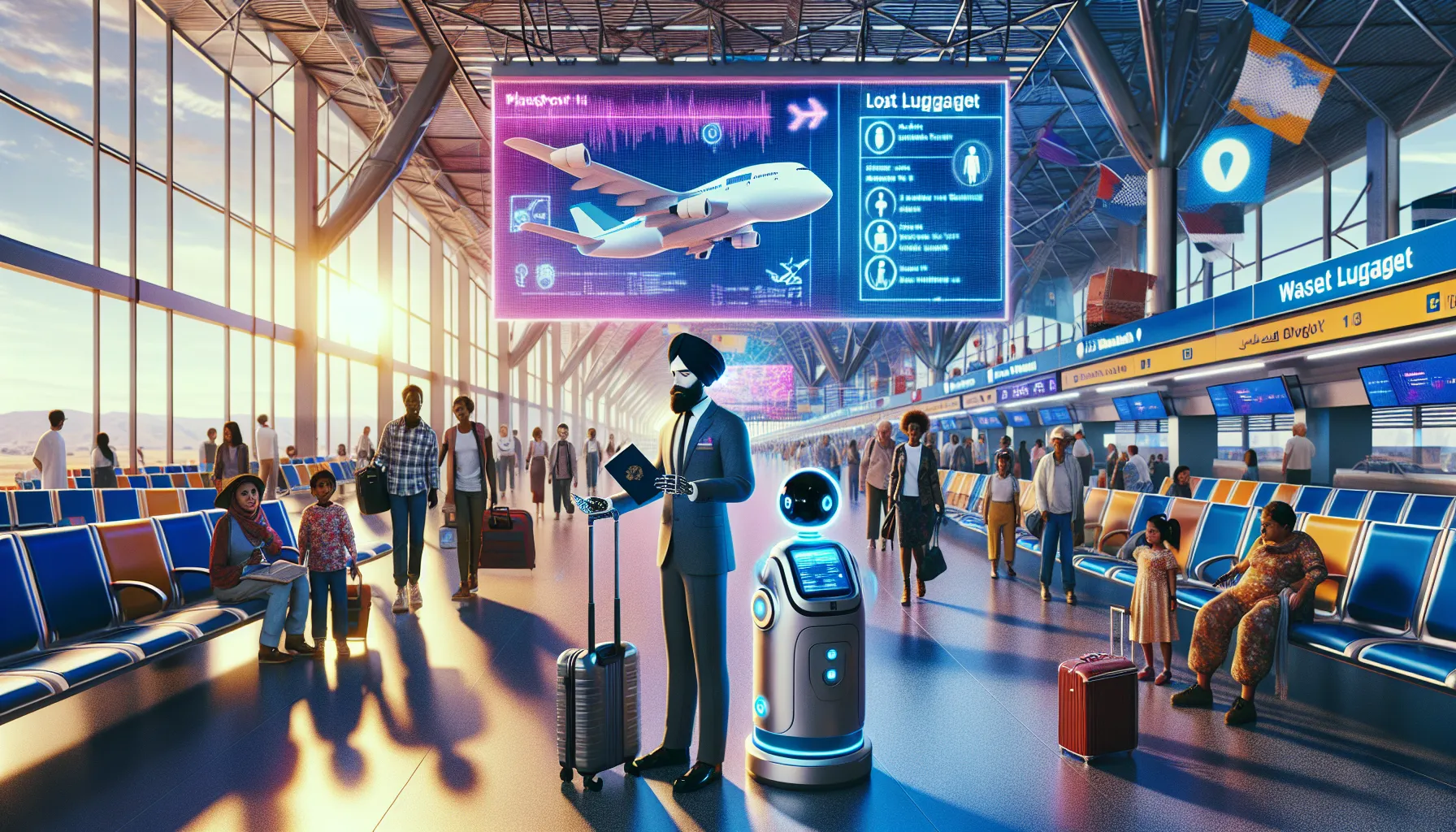 A futuristic airport scene with an AI robot scanning a digital passport while a lost luggage detection system locates a suitcase, displayed on a large, interactive screen in the background, set in a b