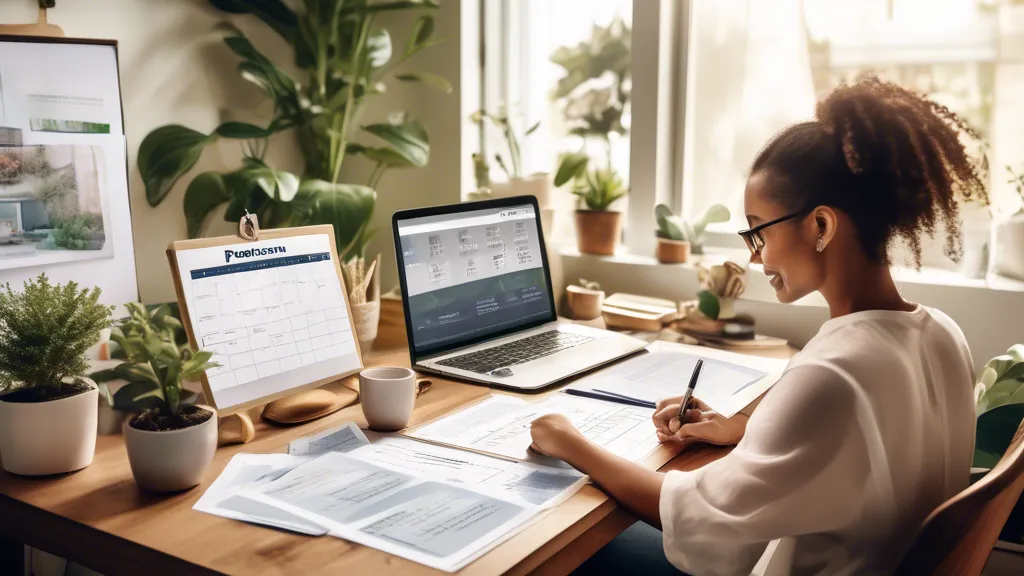 Create a high-resolution image that depicts a person planning their future financial security. The scene includes a desk with documents labeled Pension Pla
