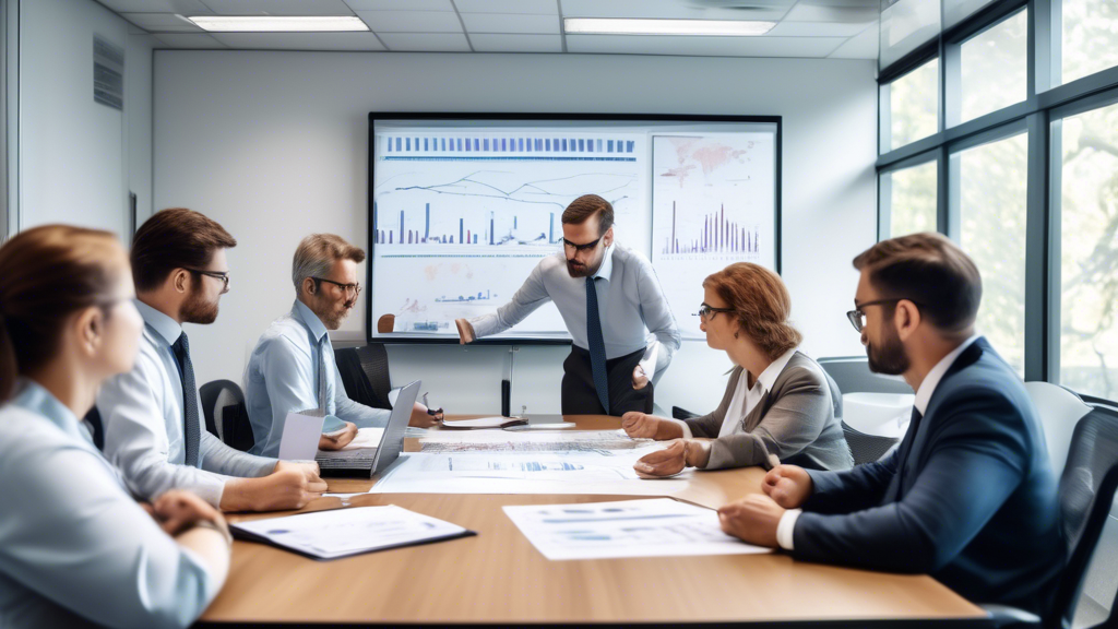An office meeting room with a team of professionals gathered around a large table, analyzing charts and graphs related to pension plans. On a whiteboard, t