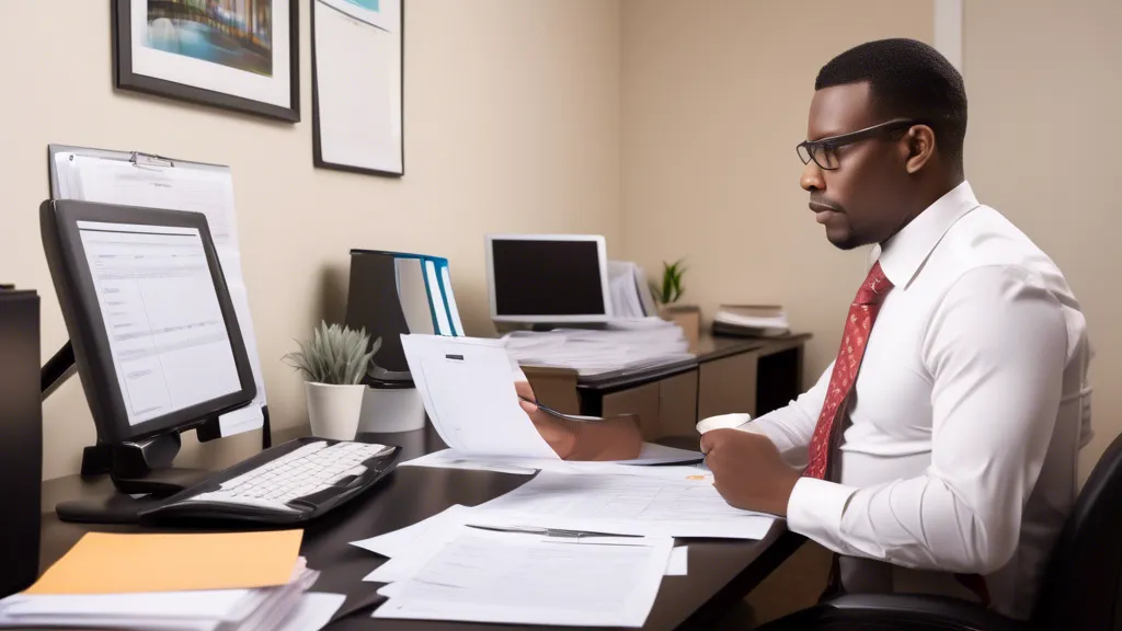 An insurance agent sitting at a desk reviewing a comprehensive folder filled with insurance documents, using a checklist for scrutiny. The scene includes a