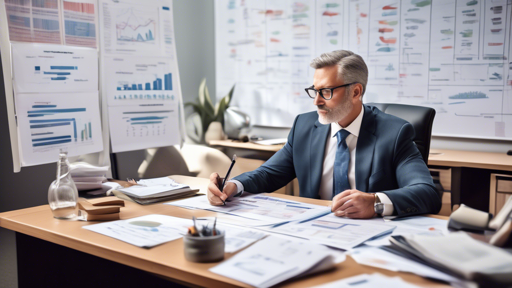 A detailed scene of a financial advisor’s office where a professional advisor is sitting at a desk with multiple pension plan documents spread out. The adv