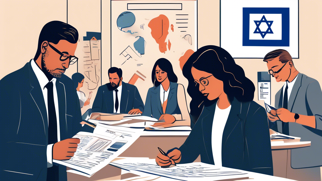 An illustration depicting a diverse group of people in a corporate setting in Israel, with some reviewing pension plans and compliance documents. The backd