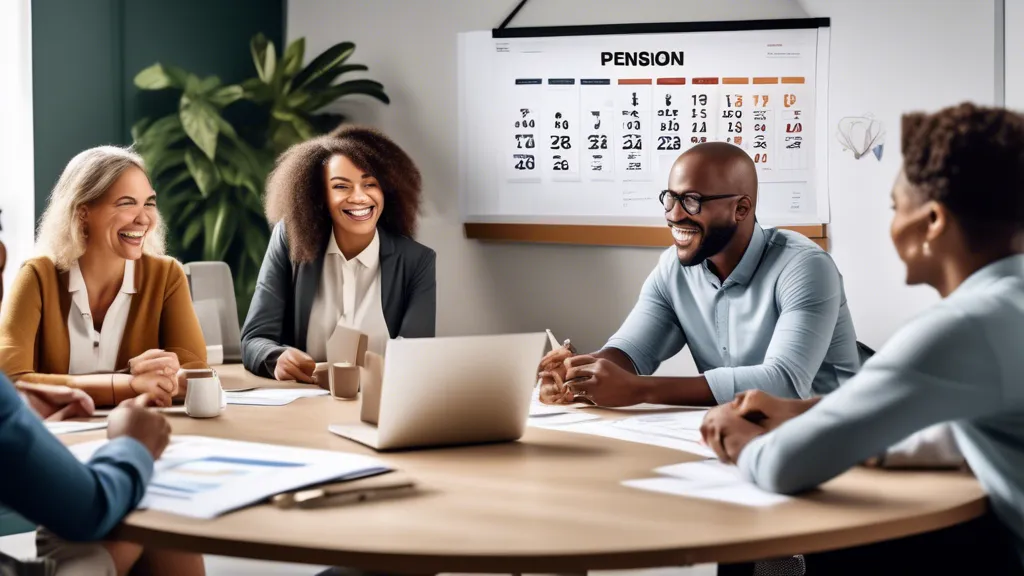 A group of diverse office workers chatting happily while sitting at a round table, with a large calendar and a financial chart in the background. An HR rep