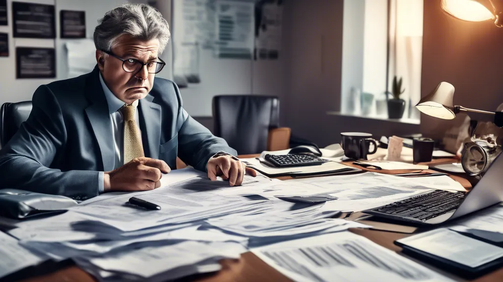 An investor sits at a cluttered desk with a worried expression, surrounded by outdated and disorganized financial documents and computer screens showing fl