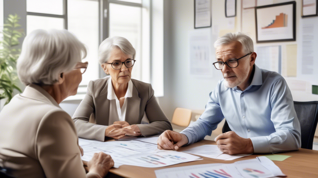 An image of a professional financial advisor sitting at a desk, explaining risk management strategies to an elderly couple while showing them charts and gr