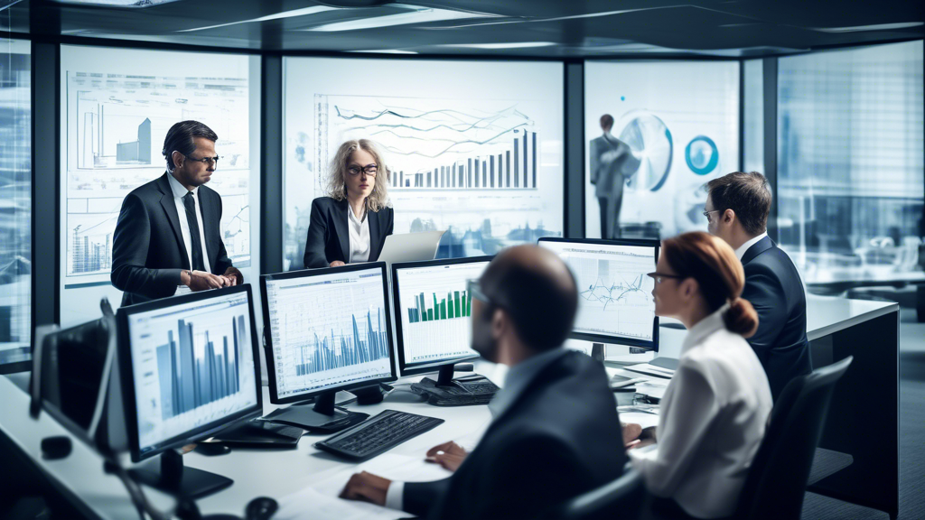 A modern office setting where professional financial managers are discussing and analyzing pension plans on large computer screens. There is a mix of both