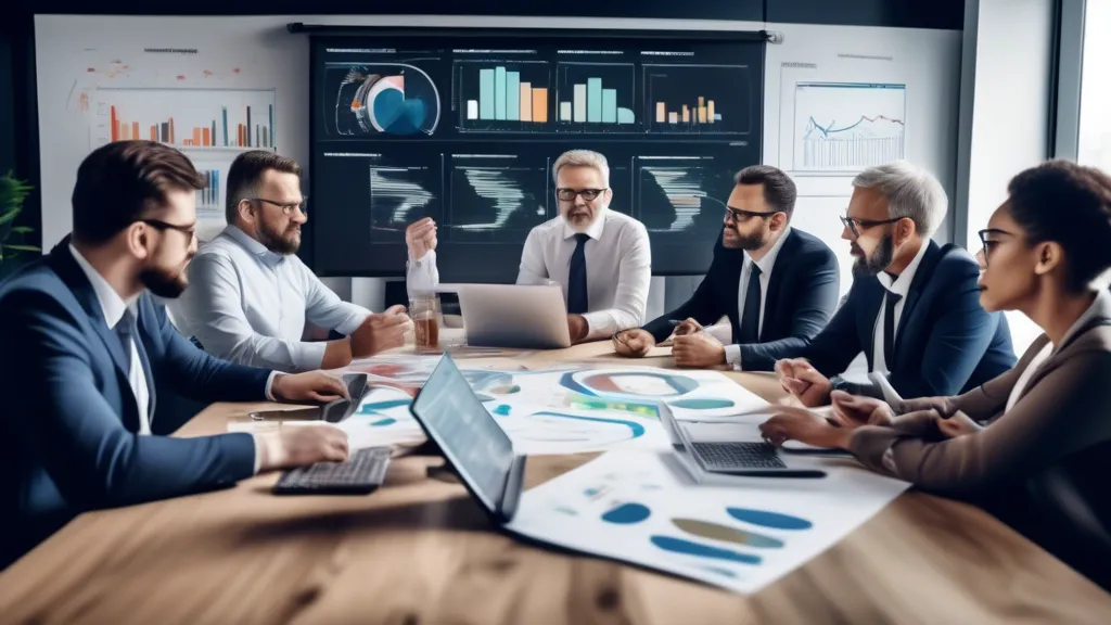 An image depicting a diverse group of business professionals in a modern office setting, huddled around a table with charts, graphs, and laptops, collabora