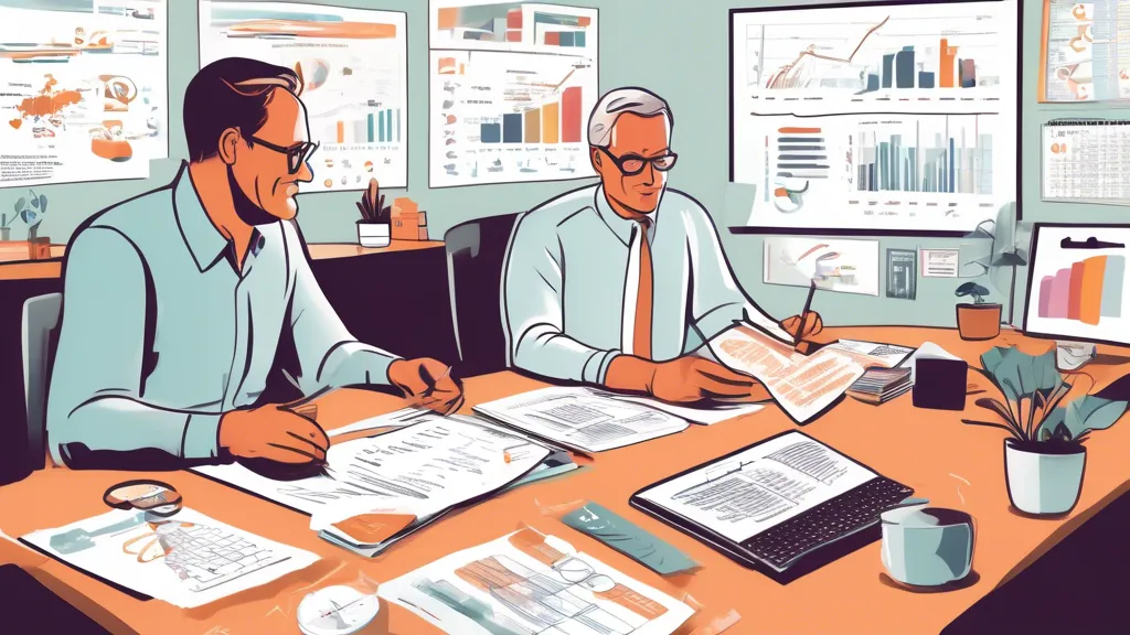 An illustration of a business owner sitting at a desk, surrounded by financial documents and charts, consulting with a financial advisor. The advisor is ex