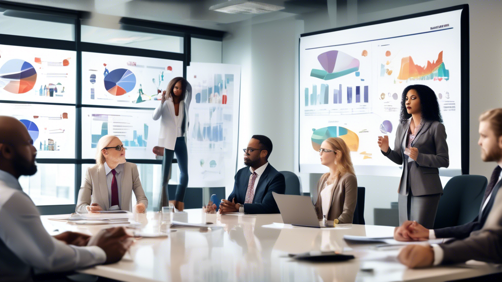 A diverse group of office employees gathered in a modern conference room, attentively listening and engaging in an interactive presentation about pension p